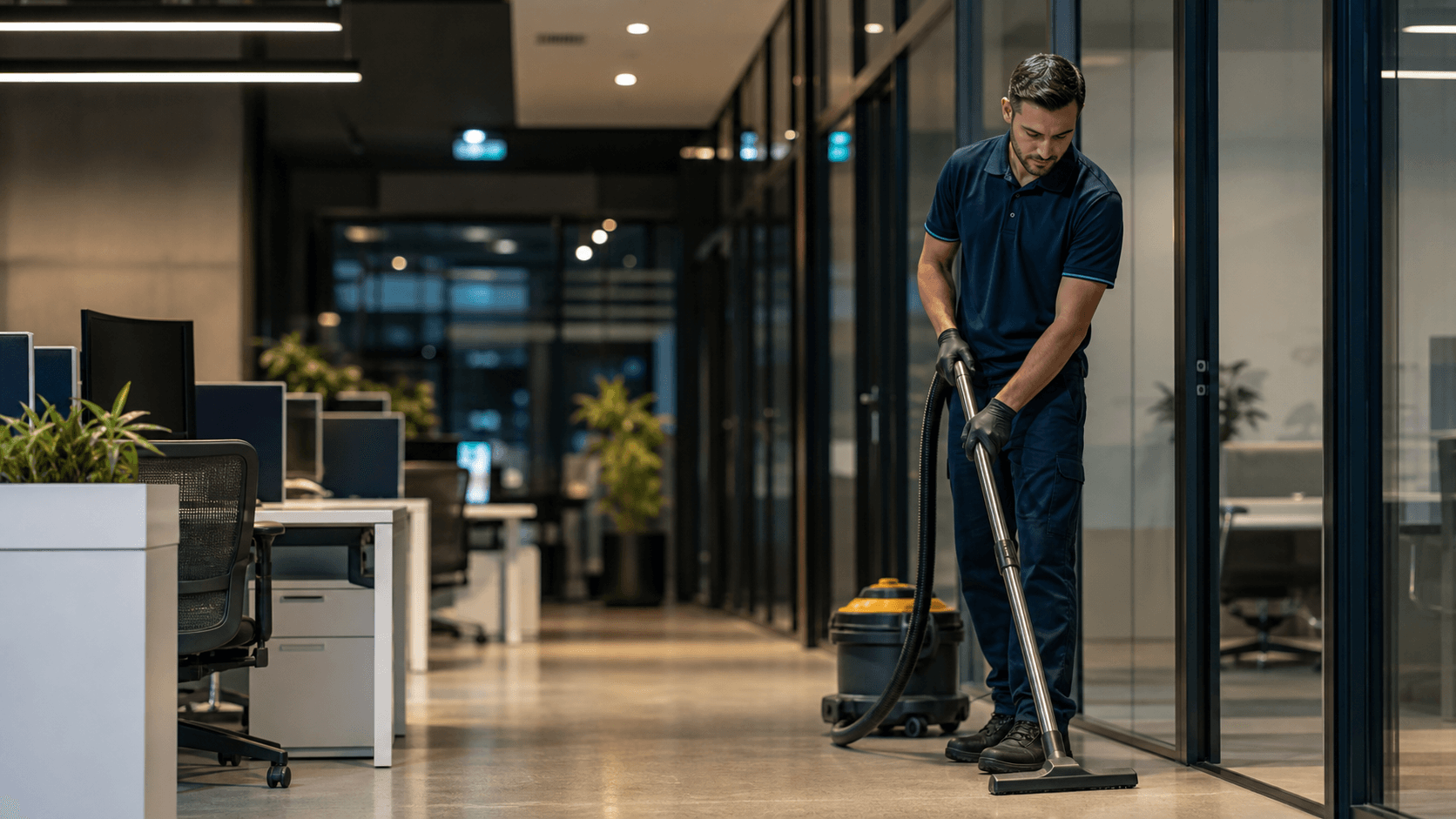 Commercial cleaning professional working in a modern office